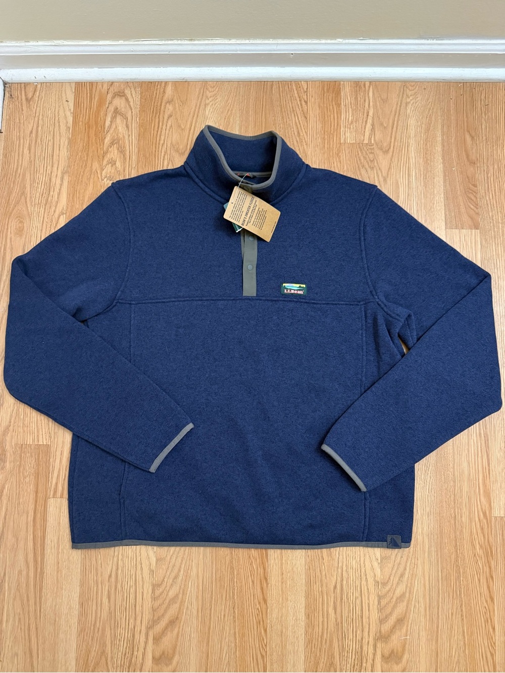 L.L. Bean Mens Sweater Fleece Pullover Iron Blue Large Snap Slight Fit NWT